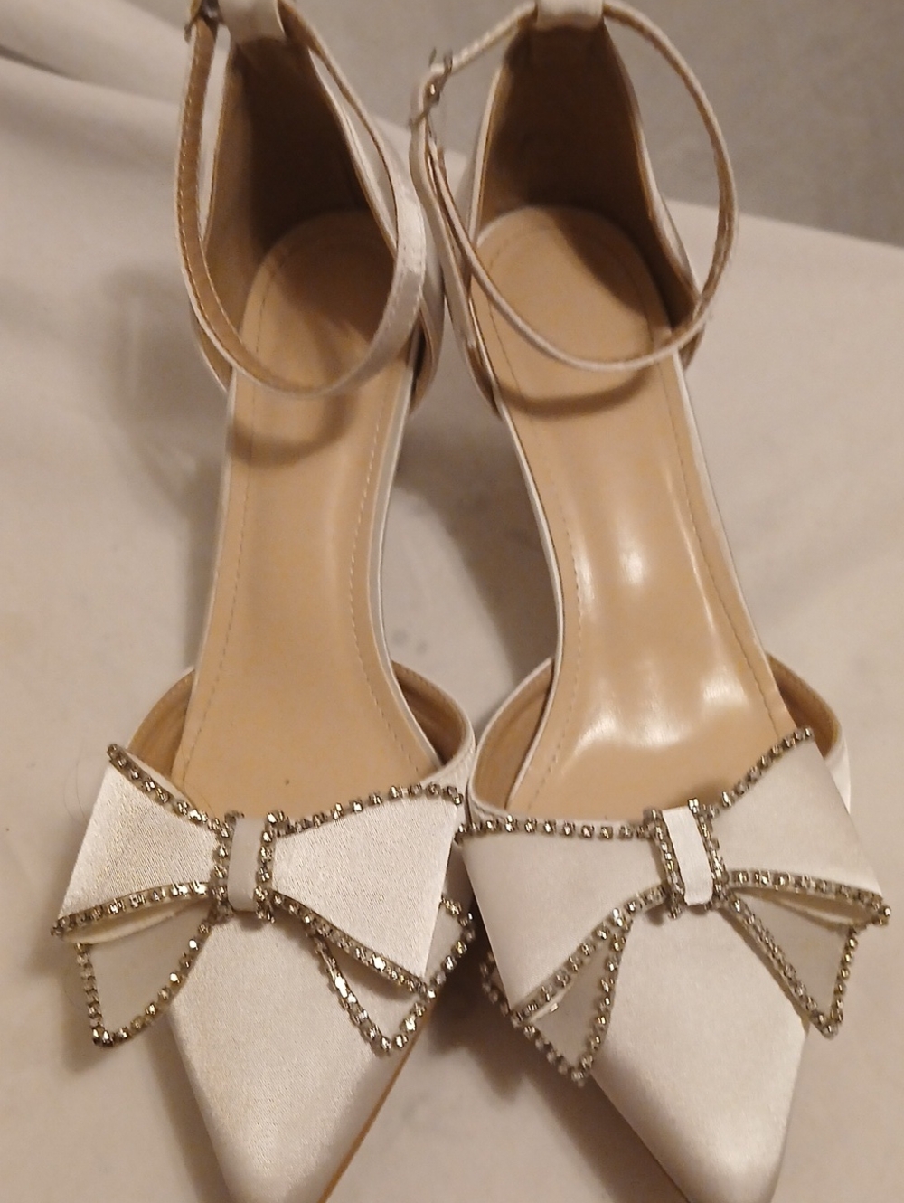 White Satin Bridal Rhinstone Sparkly Pointed-Toe Ankle Strap Heels with Bow